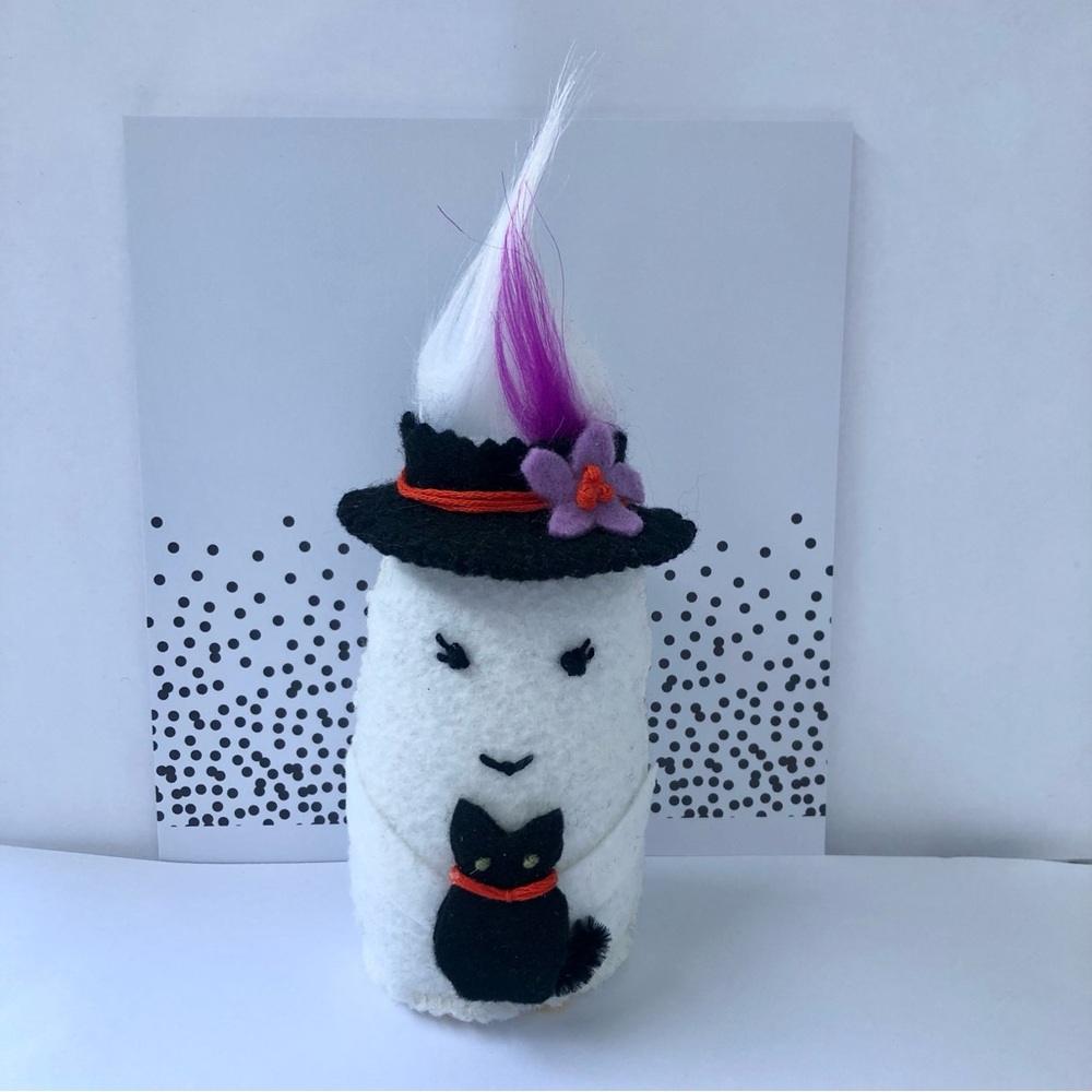 Witch Ghost black cat, summerween handmade embroidery art doll felt hand-sewn